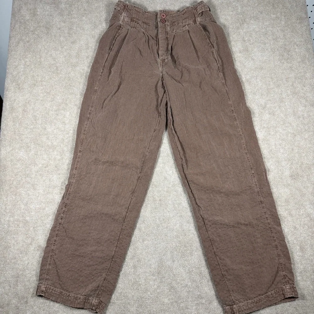 Free People Brown Linen Blend High Rise Pleated Textured Tapered Leg Pants Sz 2
